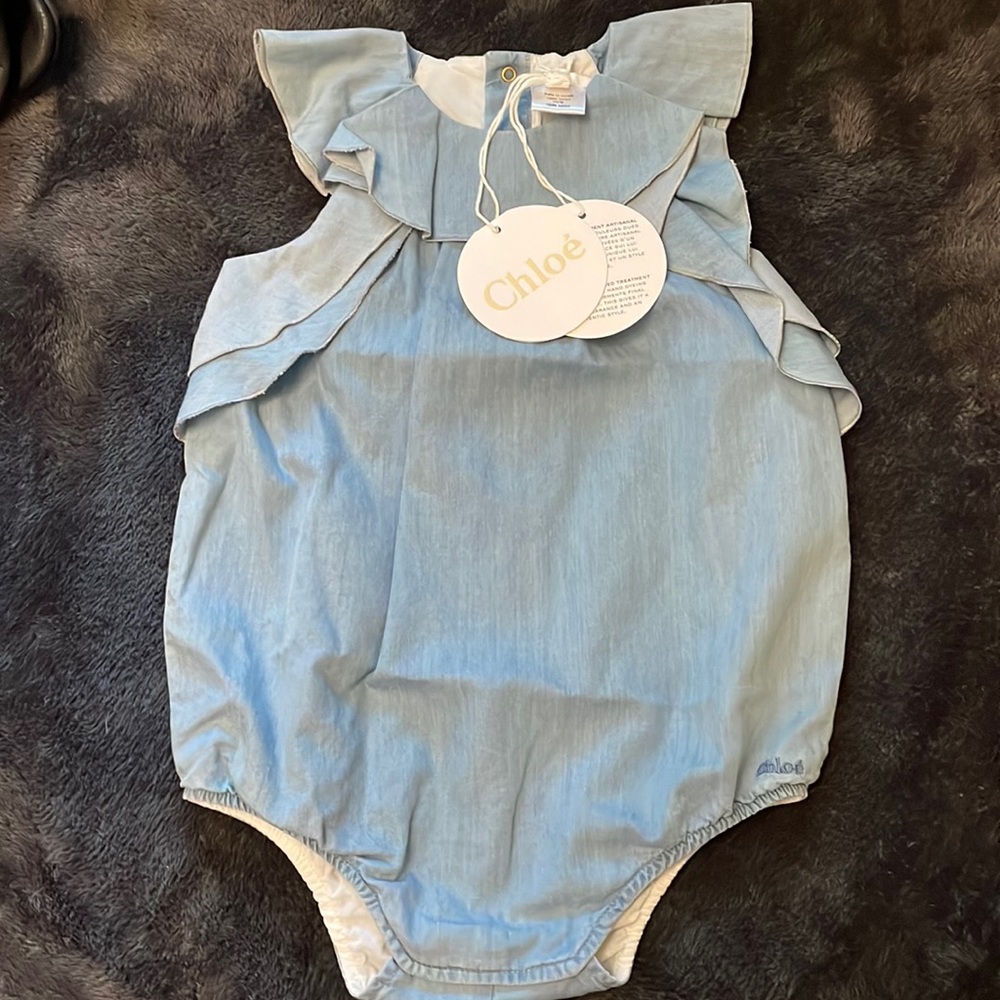 NWT Chloé 12M Light Blue chambray Ruffle Bubble